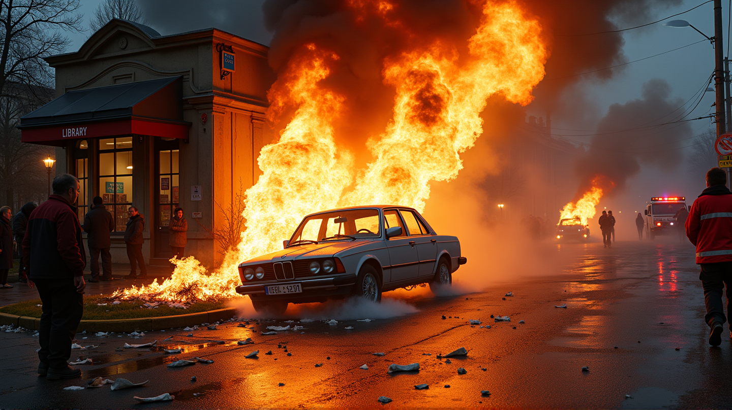 Dramatic Crash: Car Hits Library and Bursts Into Flames!